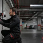 Technik kalibrujący stacjonarny detektor gazu w garażu podziemnym
