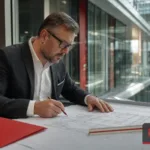 Rzeczoznawca do spraw zabezpieczeń przeciwpożarowych analizujący dokumentację projektową