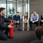 Instruktor prowadzący praktyczne szkolenie przeciwpożarowe dla pracowników biura